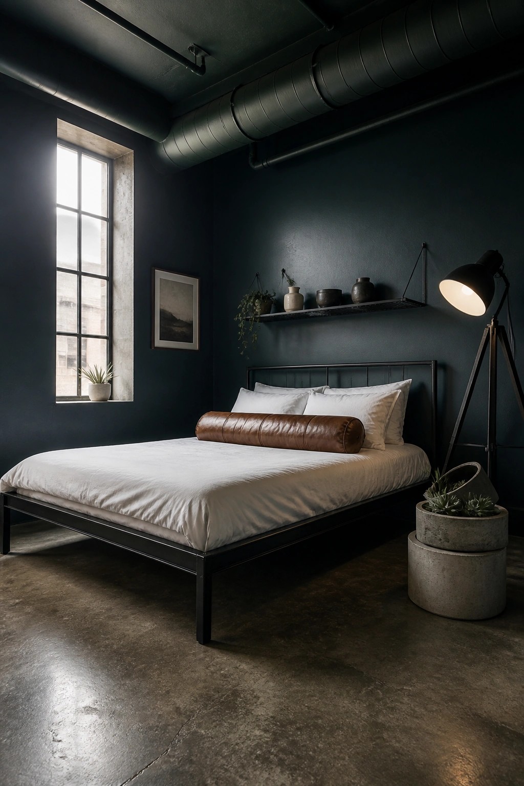 A small bedroom with deep teal walls and a black metal bed.