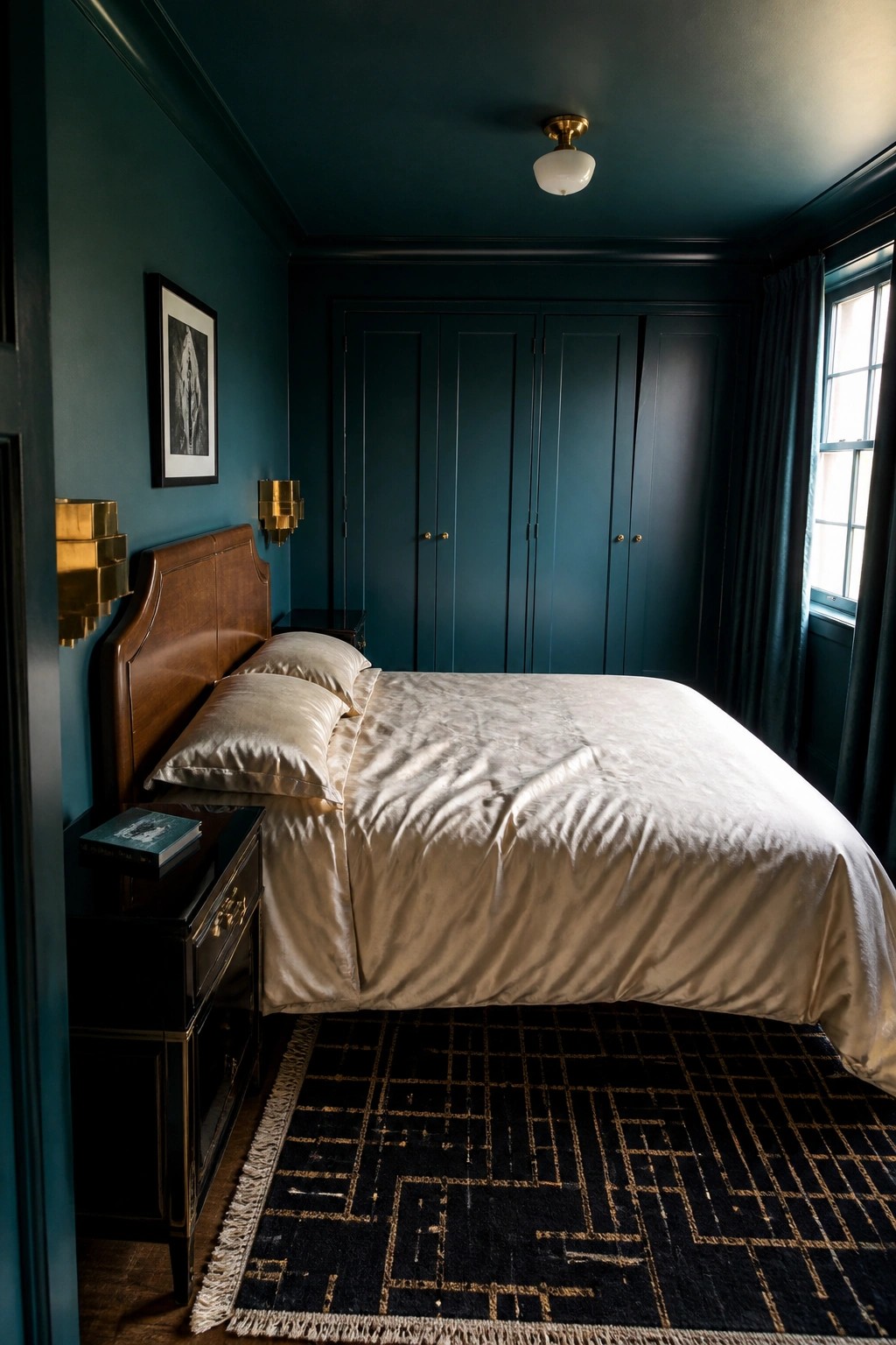 A small bedroom with deep teal walls, ceiling, and built-in wardrobe.