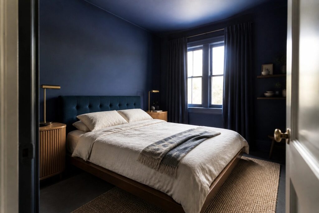 A small bedroom with deep navy blue walls, ceiling, and trim creating a full color-drenched effect.