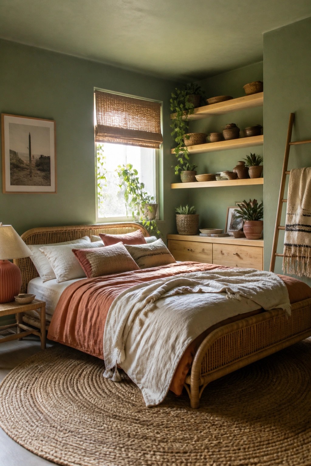 A small bedroom with muted sage green walls and warm wood furniture.