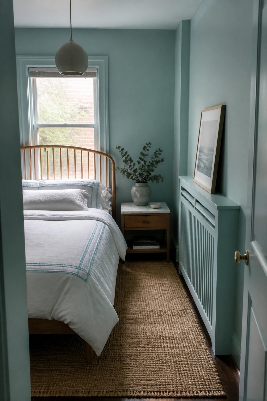 Soft teal walls and matching built-in radiator cover in a small bedroom.