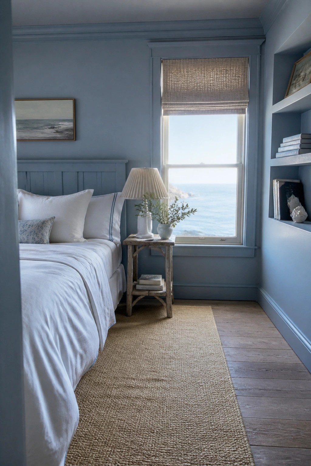 A small bedroom with soft blue-gray walls and trim, white bedding, and a large window overlooking the ocean.