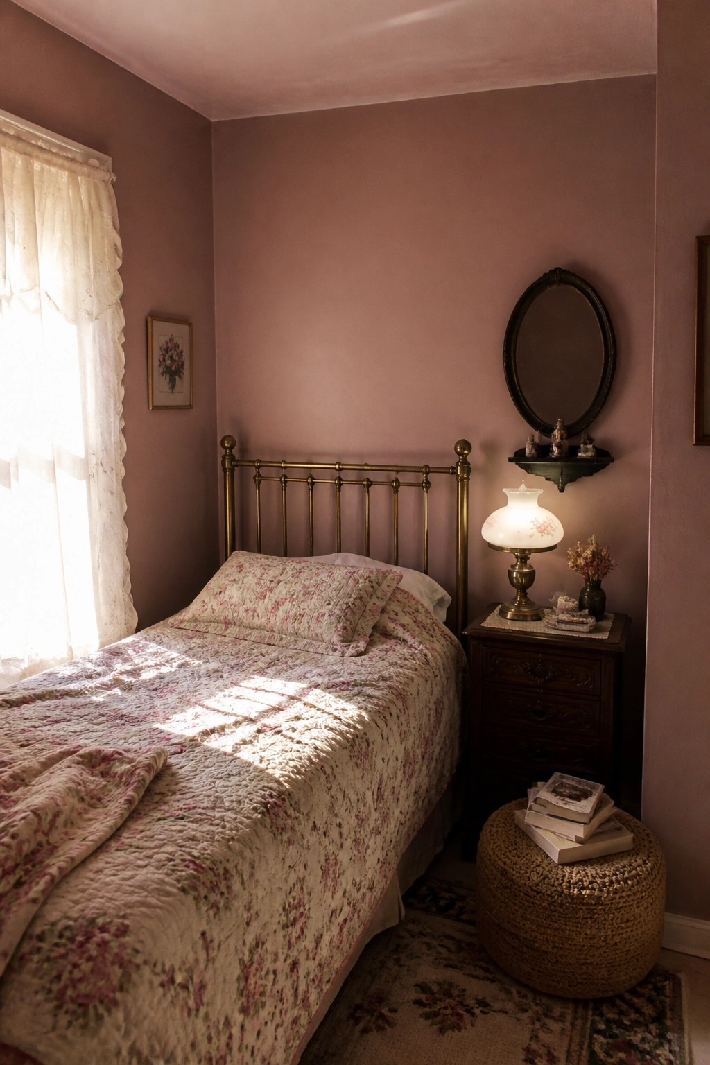 Pink bedroom with floral bedspread, brass headboard, lit lamp, oval mirror, and woven stool