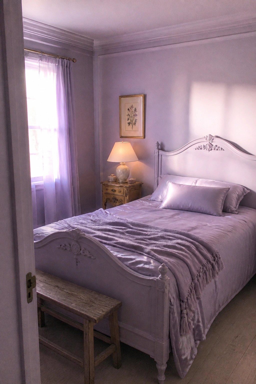 Soft lavender walls cover a small bedroom with white trim and a made bed.