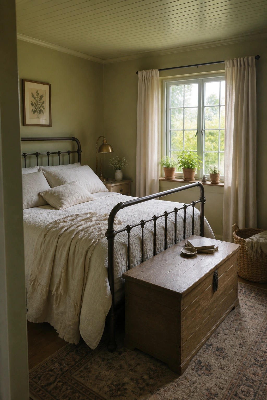 Soft sage green walls in a small bedroom with warm wood floors and a dark metal bed frame.