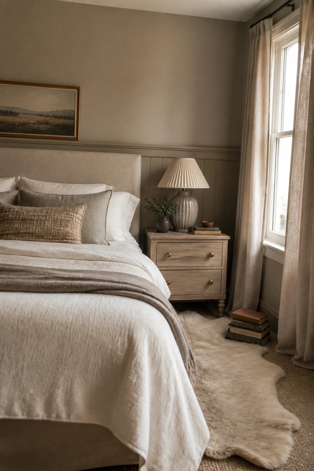 A small bedroom with walls and wainscoting painted in a matching warm greige.