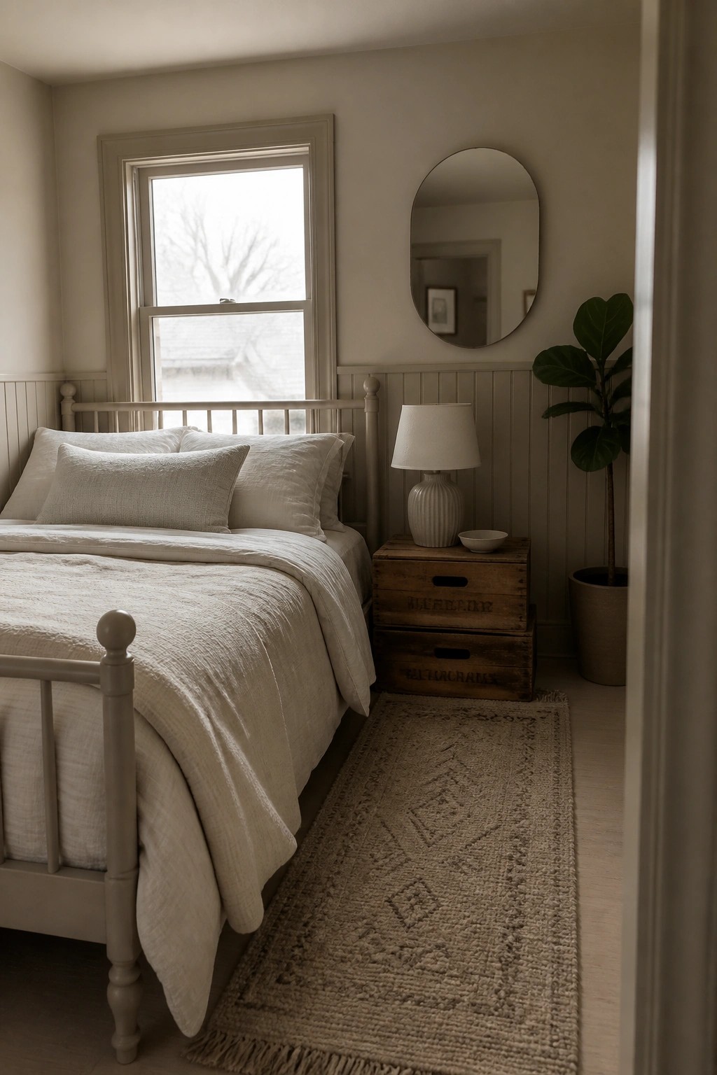 Minimalist bedroom with white bed linens, wooden crate nightstand, oval mirror, and houseplant.