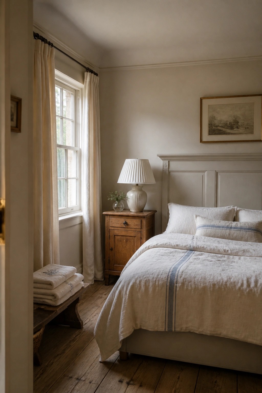 Cozy bedroom with white striped linens, wooden nightstand, lamp, and curtained window