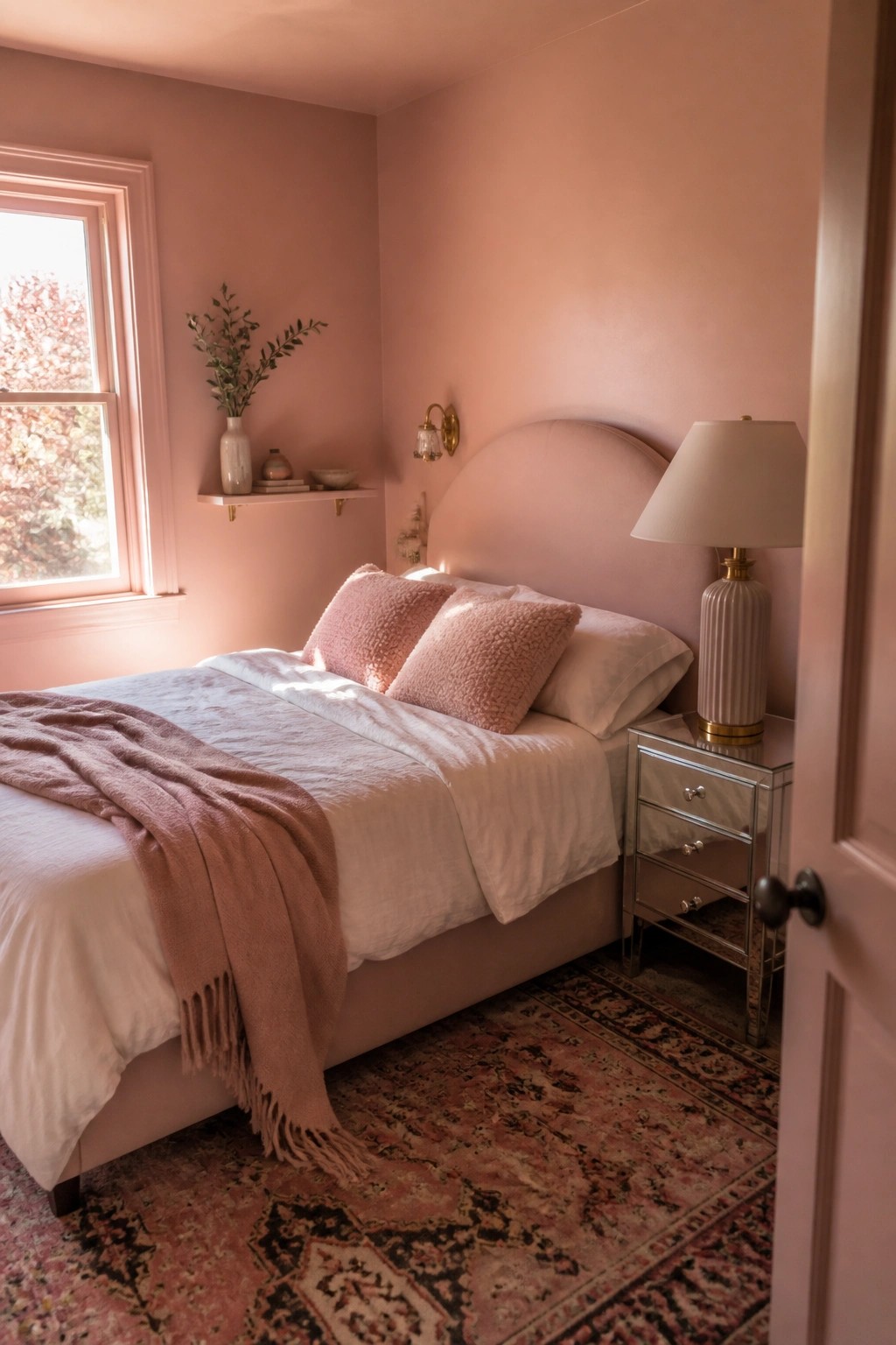 A small bedroom with walls painted in a soft warm pink.