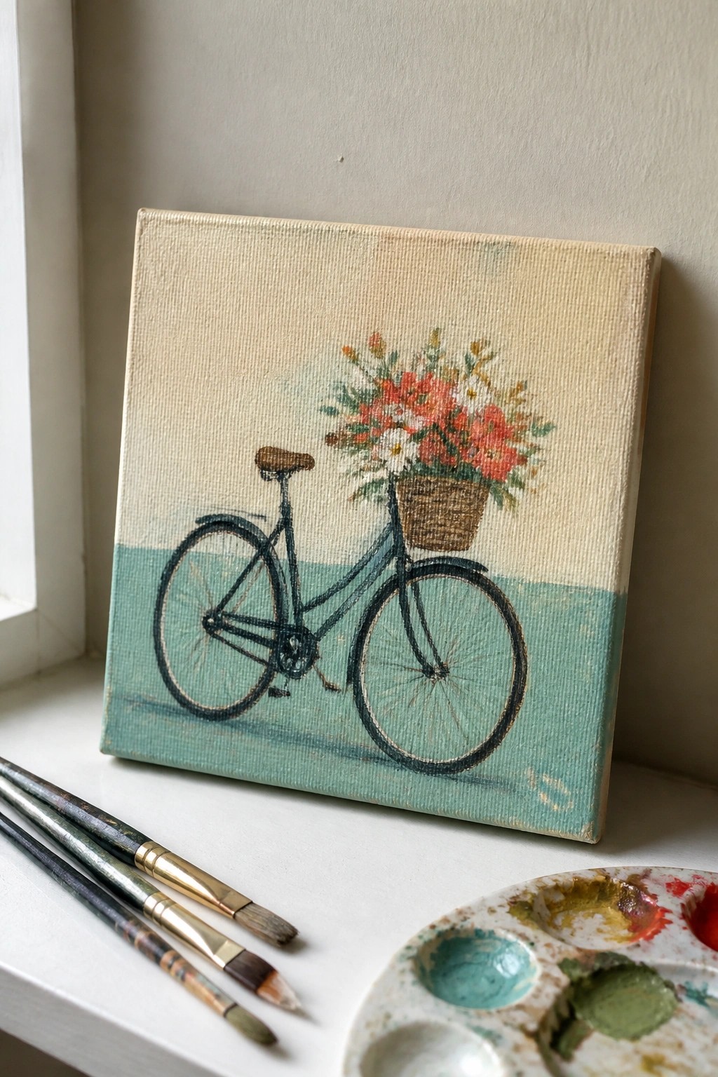 Small canvas painting of bicycle with flower basket beside paintbrushes and palette