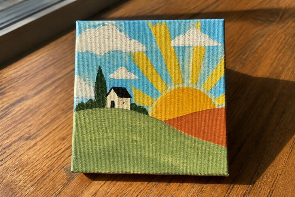 25 Mini Canvas Acrylic Painting Ideas For Small Yet Impactful Spaces Cute painting of smiling sun above white house on green and orange hills