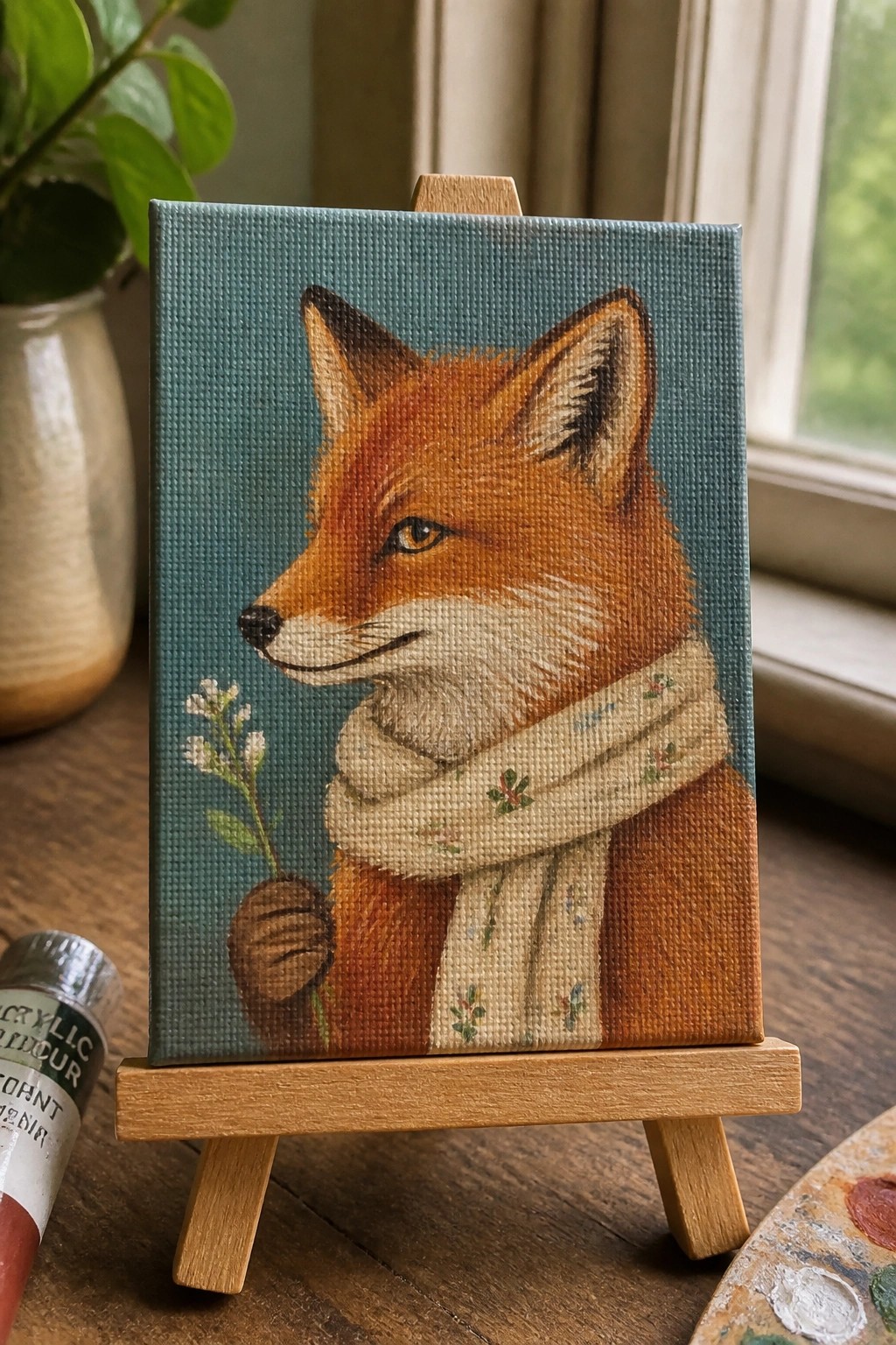 Acrylic painting of fox in floral scarf holding flower on wooden easel with teal background.