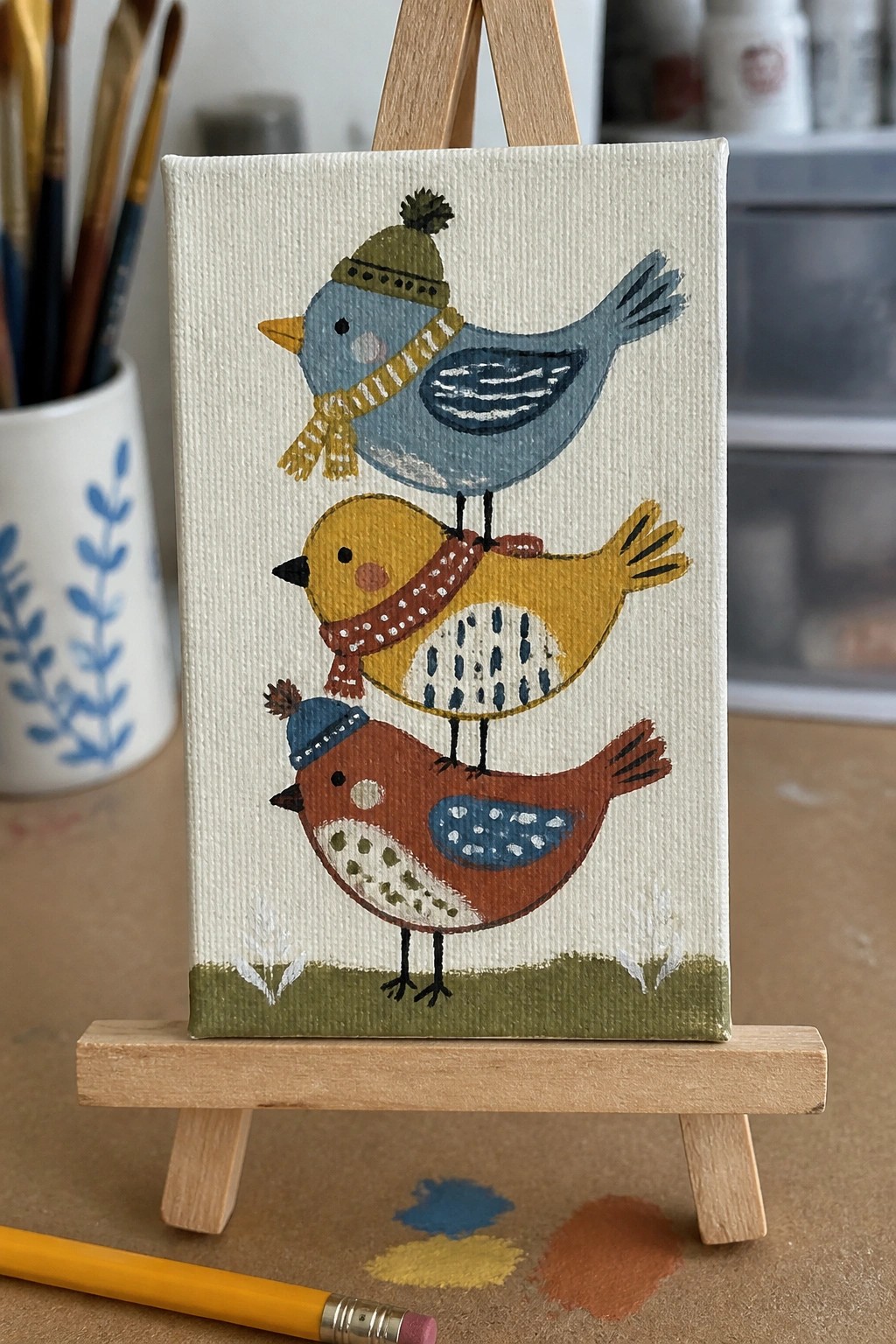 Three stylized birds wearing hats and scarves stacked on a small canvas with a green base strip.