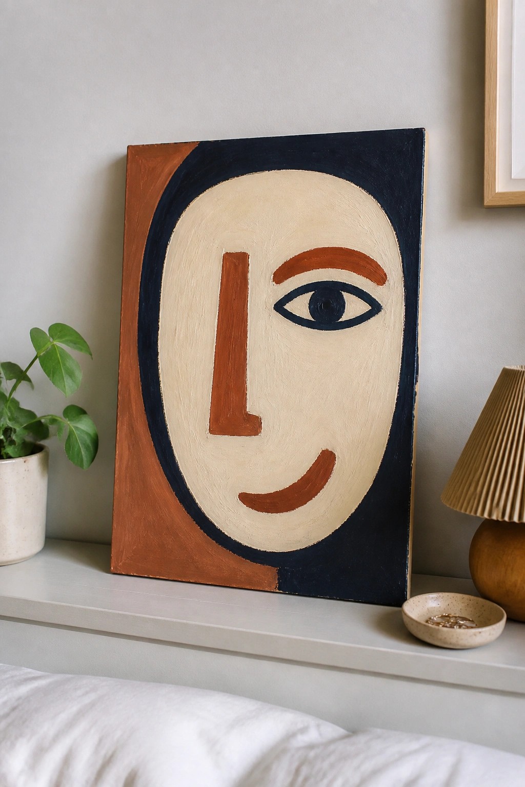 Abstract face painting on shelf with potted plant, bowl, and pleated lamp