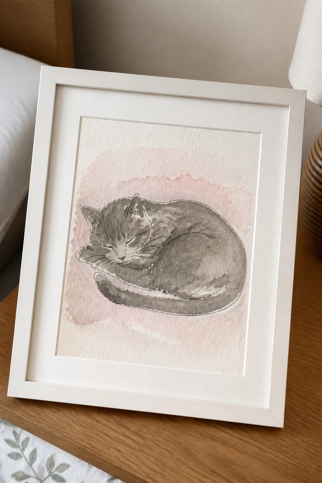 A white-framed watercolor painting of a gray cat curled up asleep against a soft pink wash background.