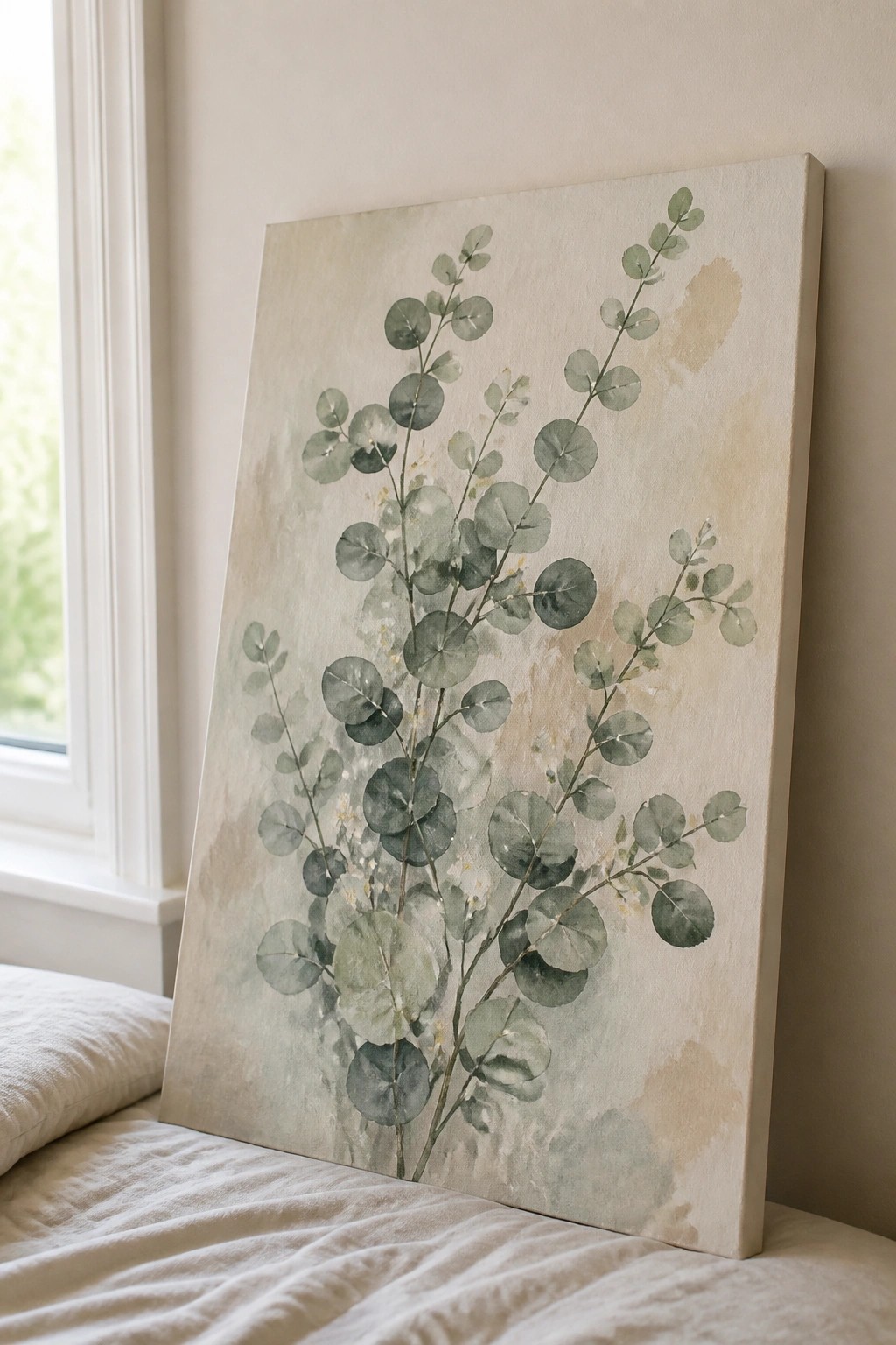 Watercolor eucalyptus painting on canvas leaning against wall on white bed