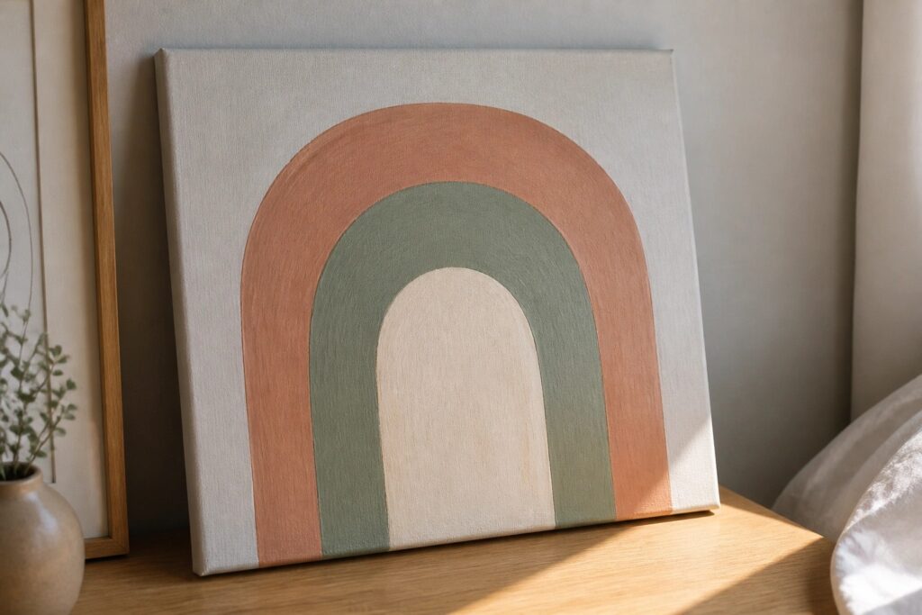 25 Modern Canvas Painting Ideas for Clean Bedroom Wall Decor Boho rainbow canvas art with terracotta, sage green, and beige arches on white surface