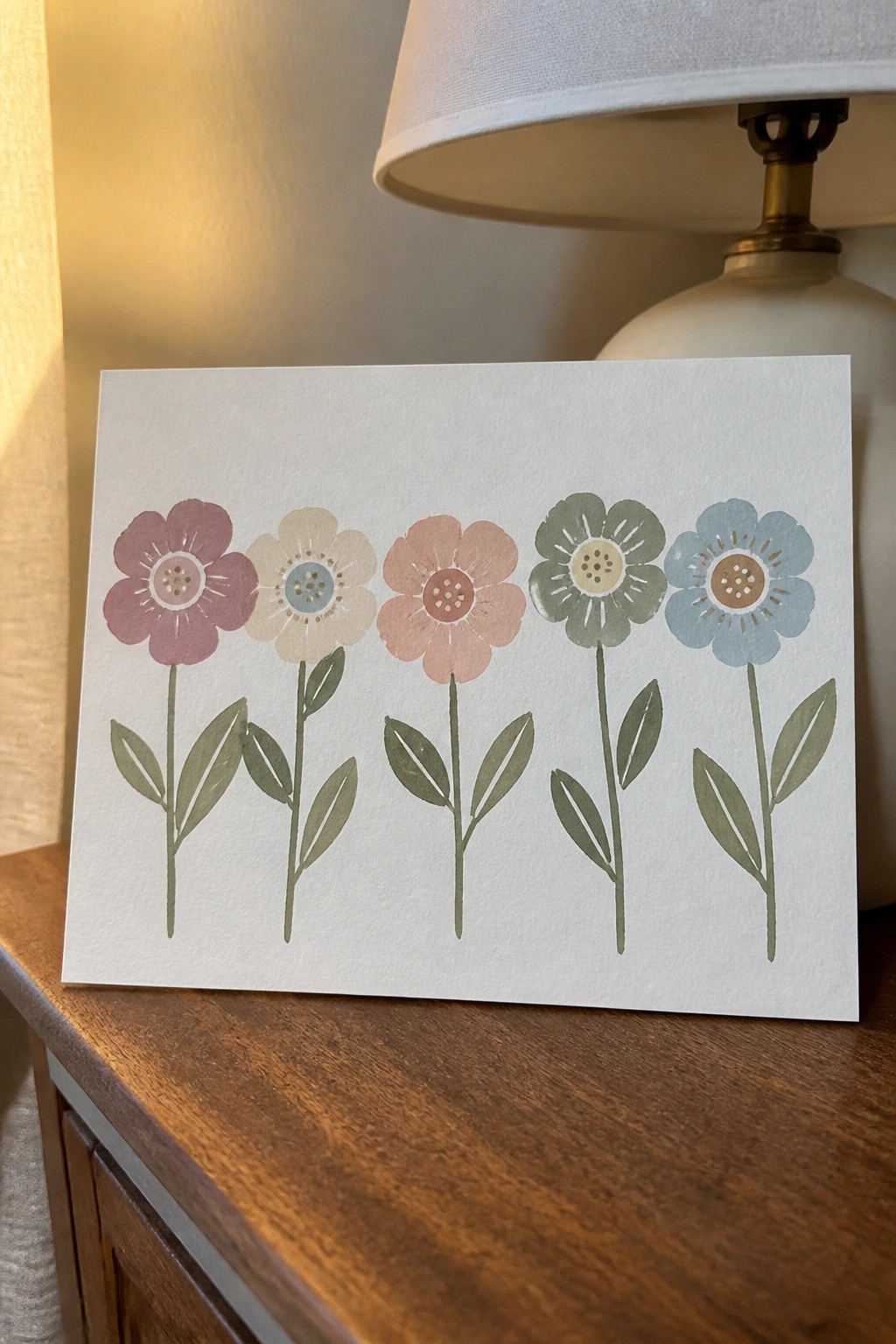 Watercolor card with five pastel flowers on wooden table beside lamp.
