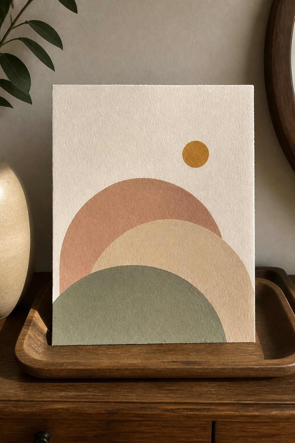 A minimalist abstract canvas painting with stacked overlapping semicircles in earth tones and a small yellow circle above them on a cream background.
