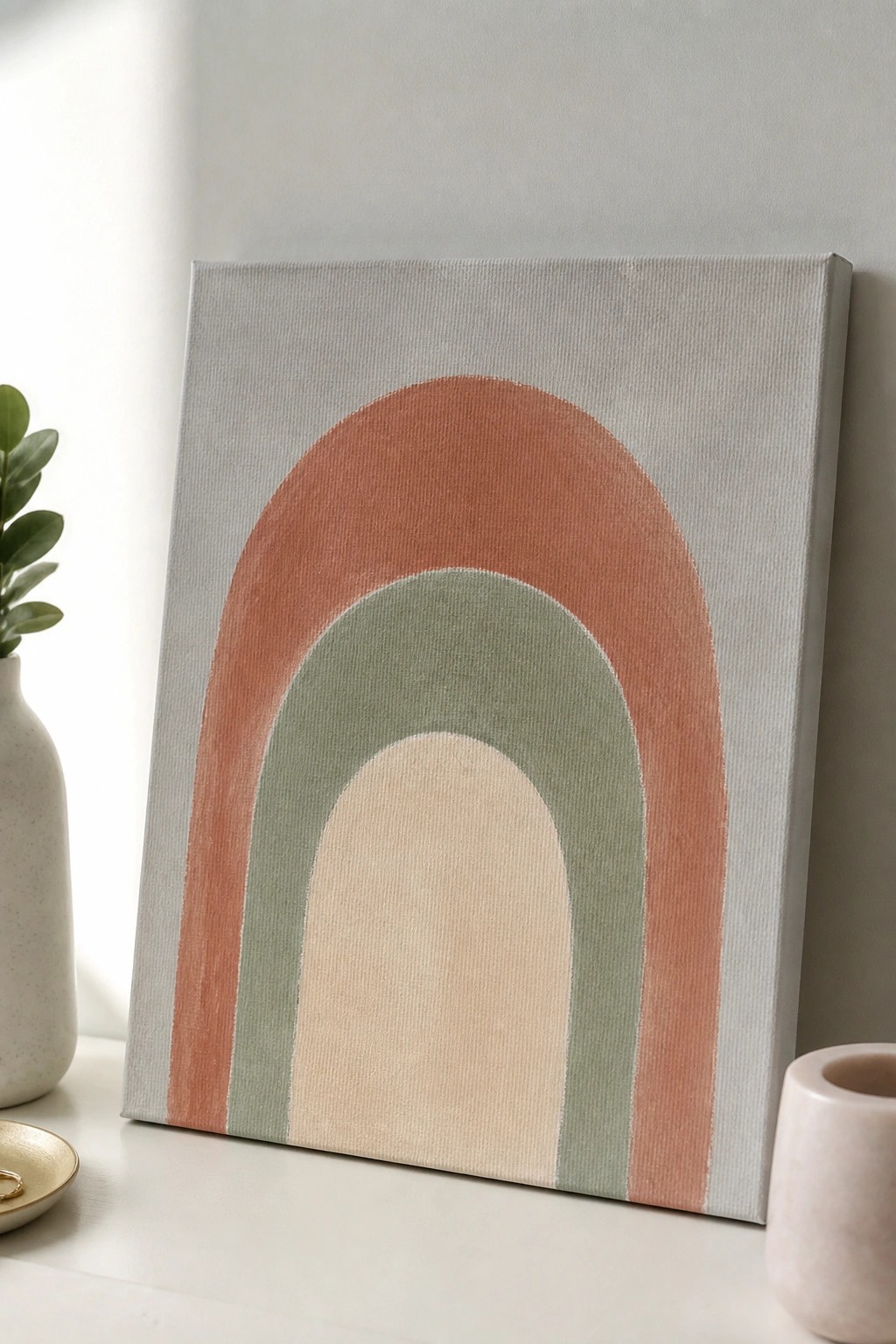 Boho rainbow canvas art with terracotta, sage green, and beige arches on white surface