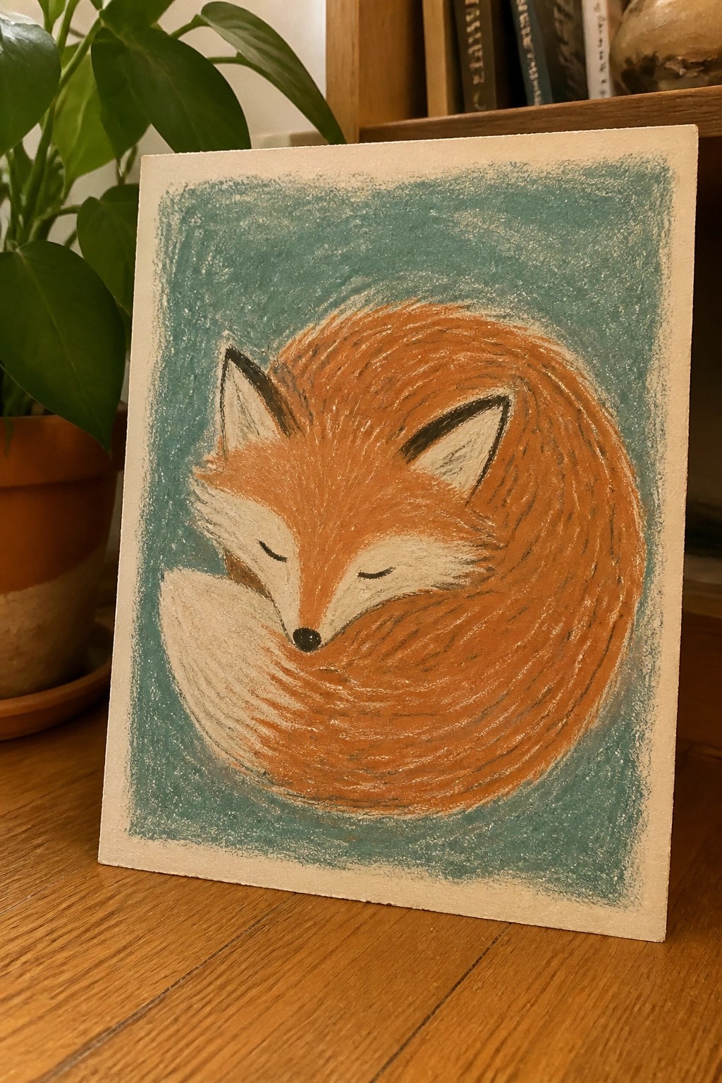 Sleeping orange fox curled in a circle on textured teal background.