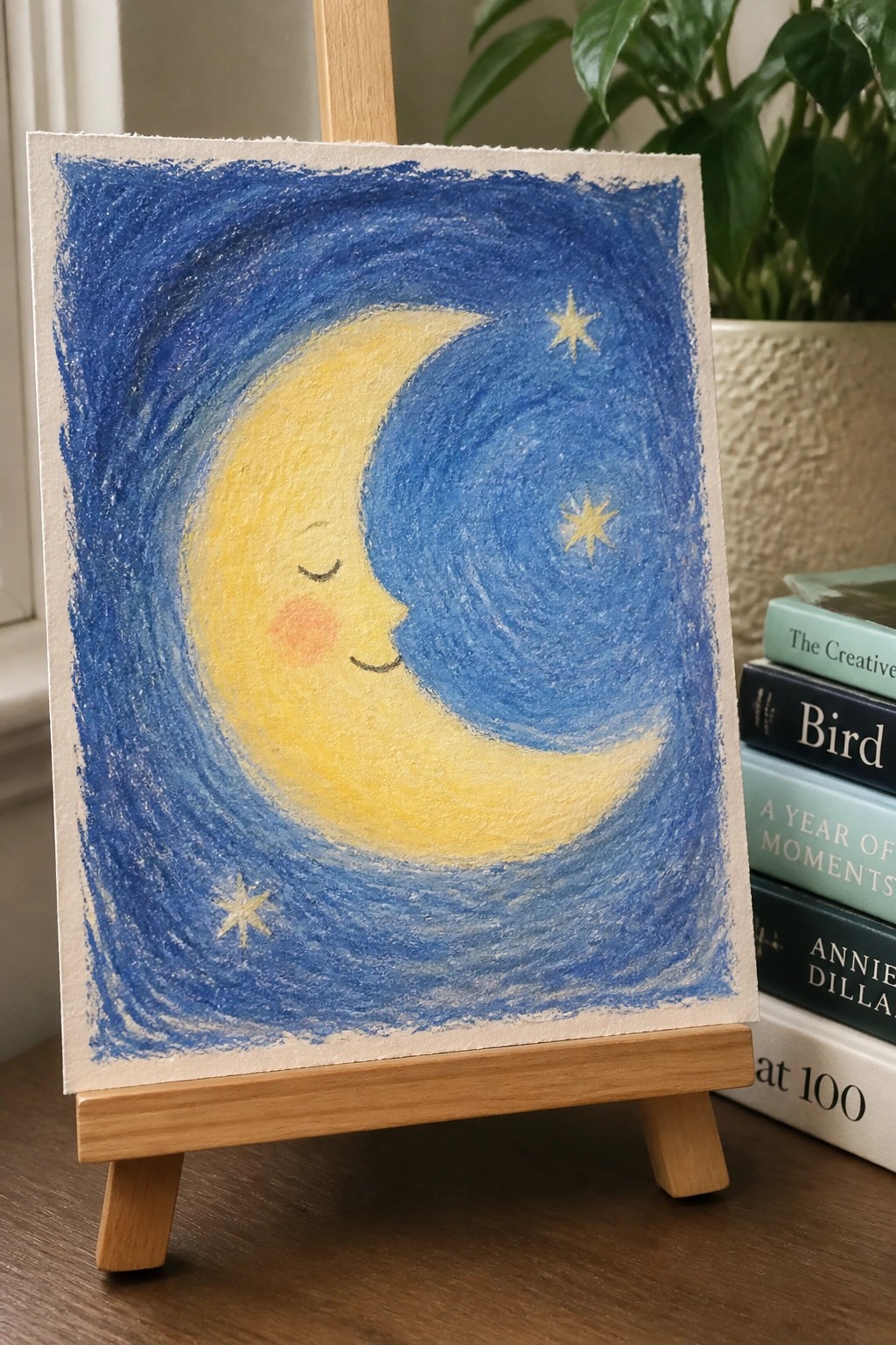 Pastel artwork on easel of smiling crescent moon with face in swirling blue sky