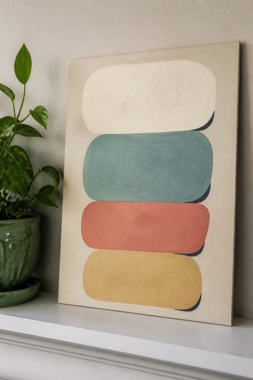 Abstract painting with stacked cream, teal, coral, and yellow rounded shapes beside a plant.