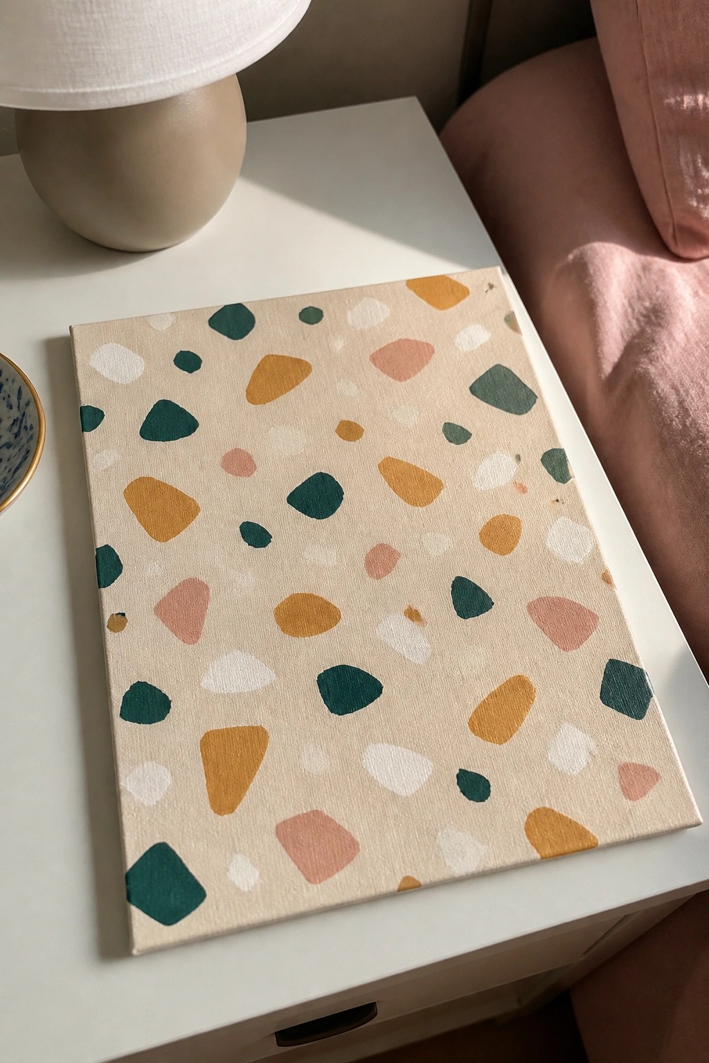 Abstract terrazzo canvas on white nightstand beside beige lamp and pink chair
