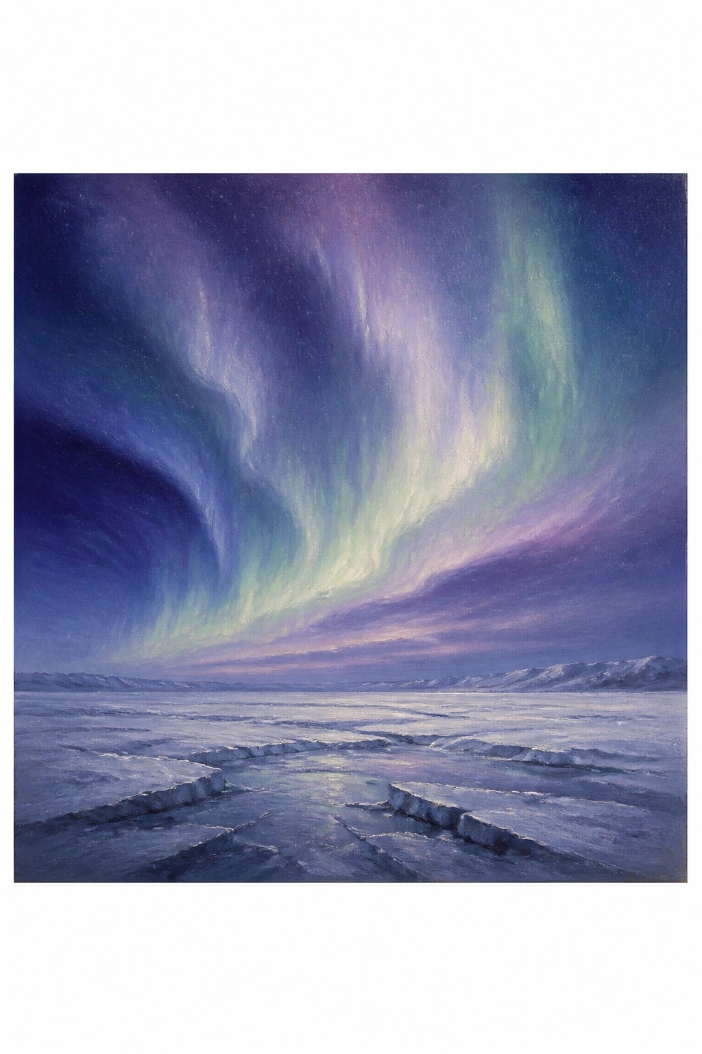 Painting of aurora borealis in greens and purples above cracked polar ice with distant mountains in deep cinematic blues