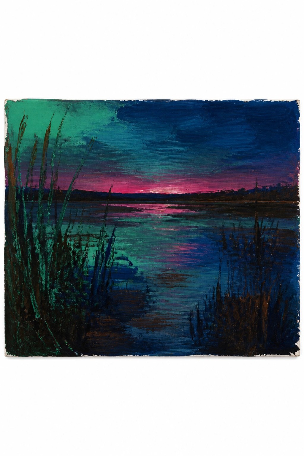 Moody oil painting of a dusk landscape with tall reeds framing a lake that reflects pink and blue sunset hues in thick expressive brushstrokes.