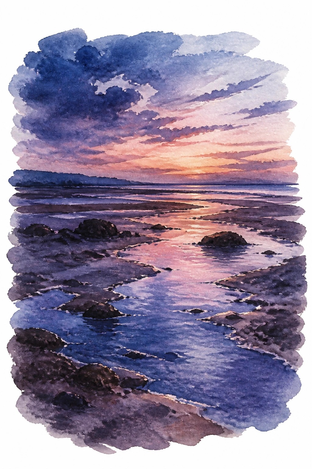 Watercolor painting of a moody sunset over rocky tidal pools with deep blue and purple tones reflecting warm orange and pink skies