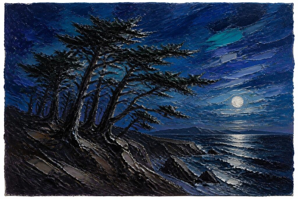 25 Moody Landscape Painting Ideas in Deep Cinematic Colors Thickly textured oil painting of dark windswept trees on a cliff overlooking a moonlit ocean at night with deep blue and teal colors and dramatic impasto brushwork.