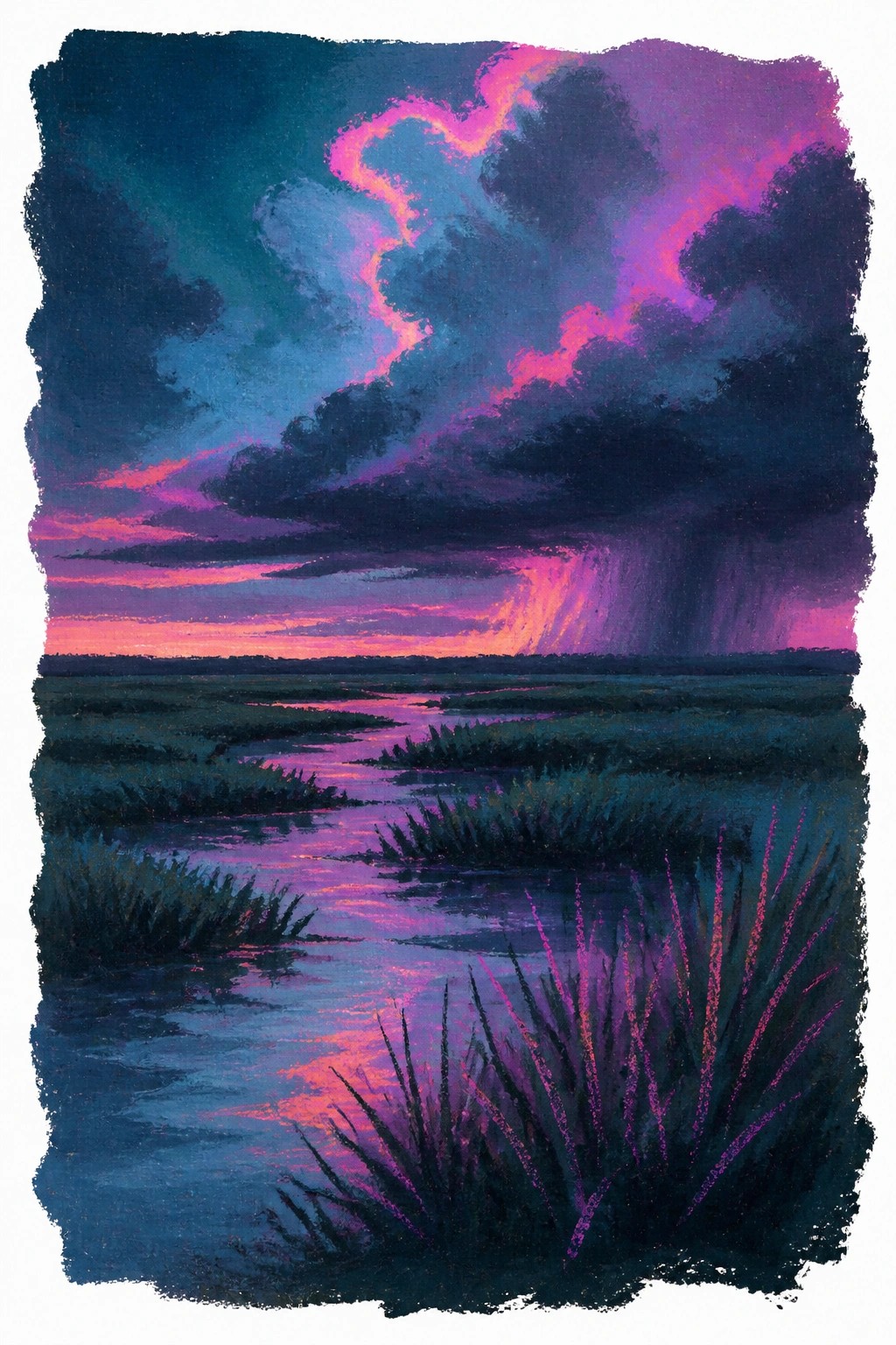 A moody oil painting of a wetland at dusk with dramatic pink and purple storm clouds forming a glowing heart shape, rain falling in the distance, and a reflective stream winding through dark grasses.