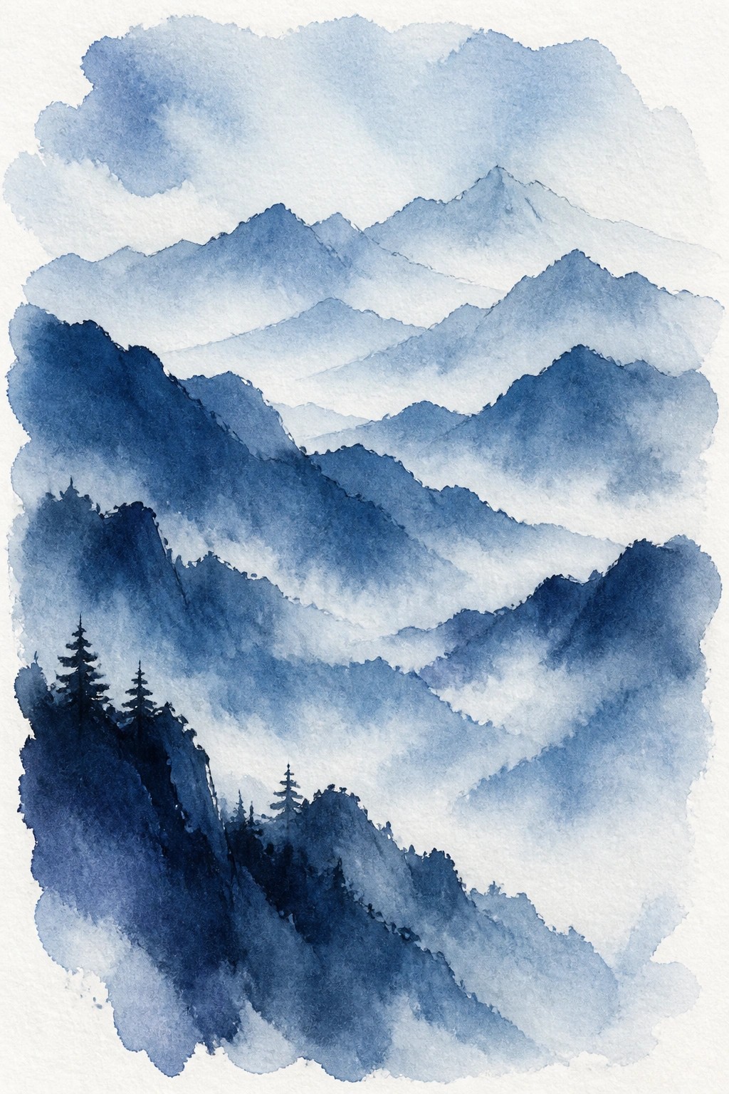 Watercolor landscape of misty blue mountains with silhouetted pine trees in the foreground