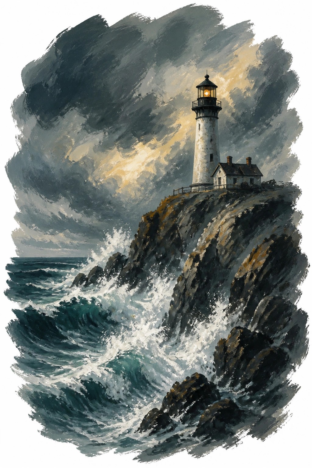 A white lighthouse stands on a rocky cliff edge with crashing teal waves and swirling dark gray clouds overhead while its lamp glows warmly.