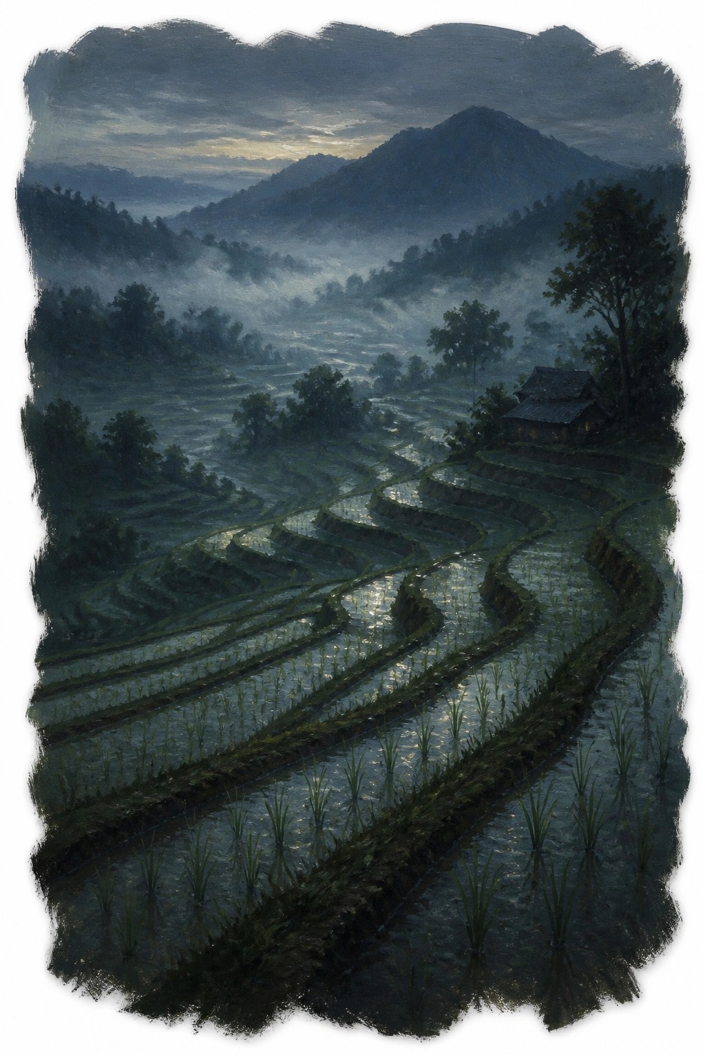 A moody painting of terraced rice paddies in a misty mountain valley at twilight with a small wooden hut glowing in the distance