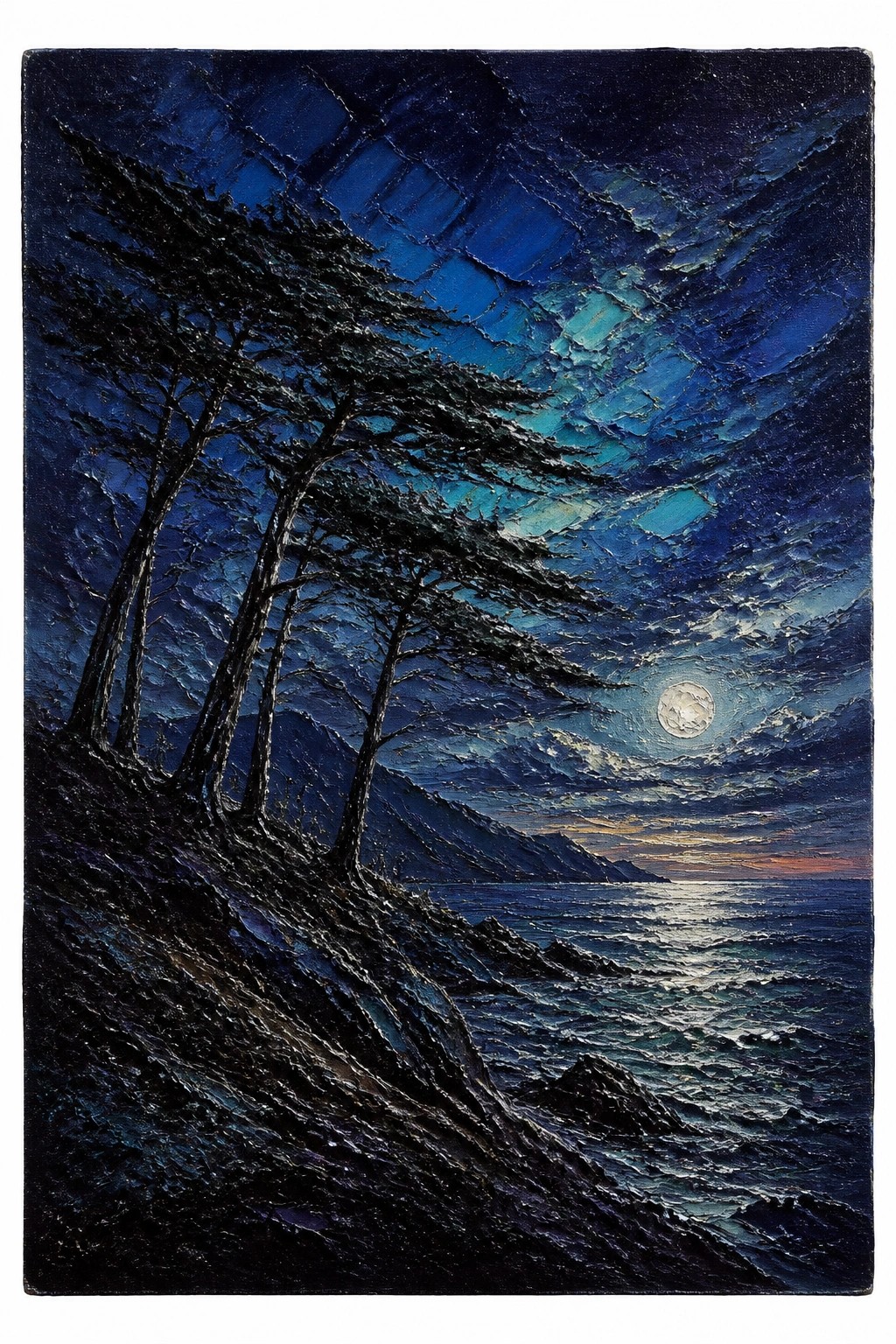 Thickly textured oil painting of dark windswept trees on a cliff overlooking a moonlit ocean at night with deep blue and teal colors and dramatic impasto brushwork.
