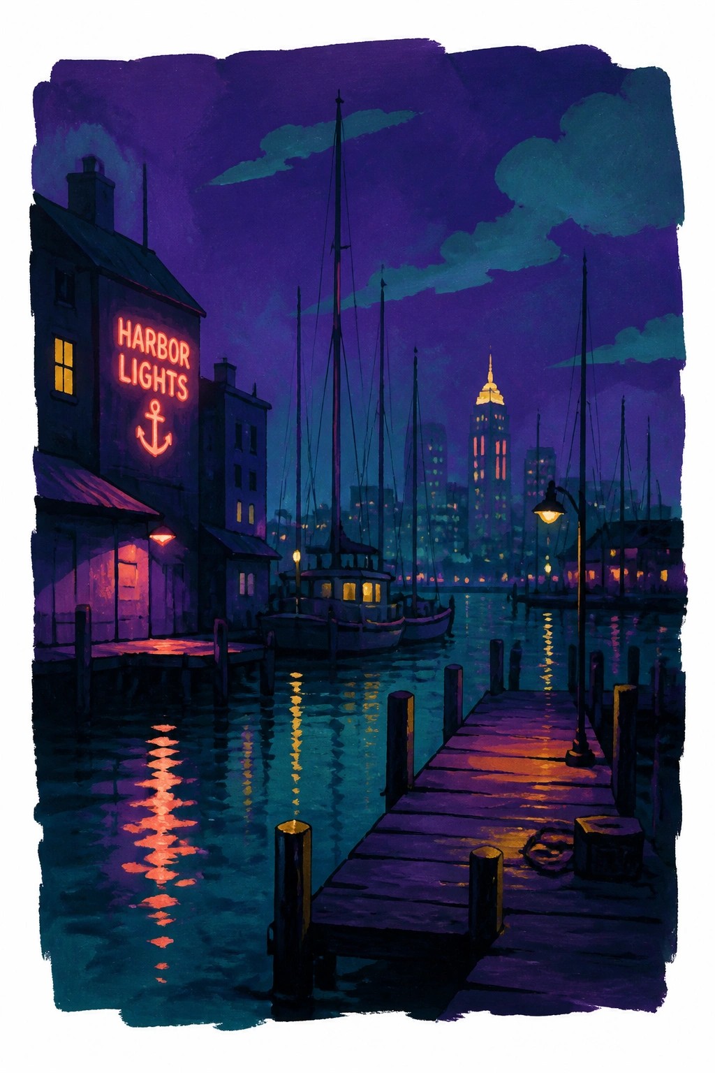 A moody nighttime harbor painting with a red neon Harbor Lights sign, wooden docks, boats on calm water, and a glowing city skyline under purple clouds.