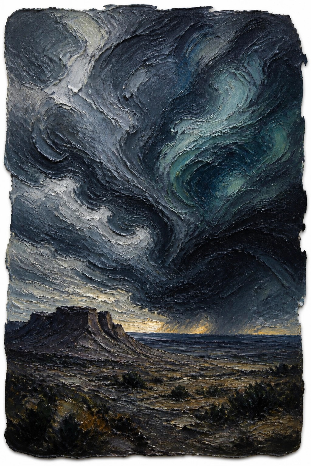 Thickly textured oil painting showing a dramatic swirling storm sky in deep blues and teals above a dark desert mesa at sunset with glowing horizon light.