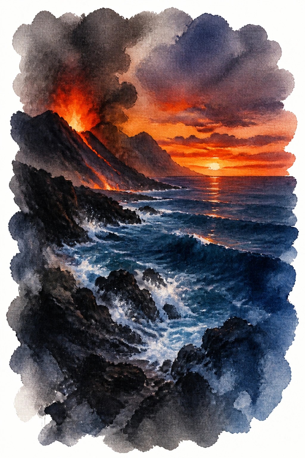 Watercolor painting of a volcano with bright lava flowing into the ocean at sunset, waves crashing on dark rocks, and dramatic orange and red clouds in the sky.