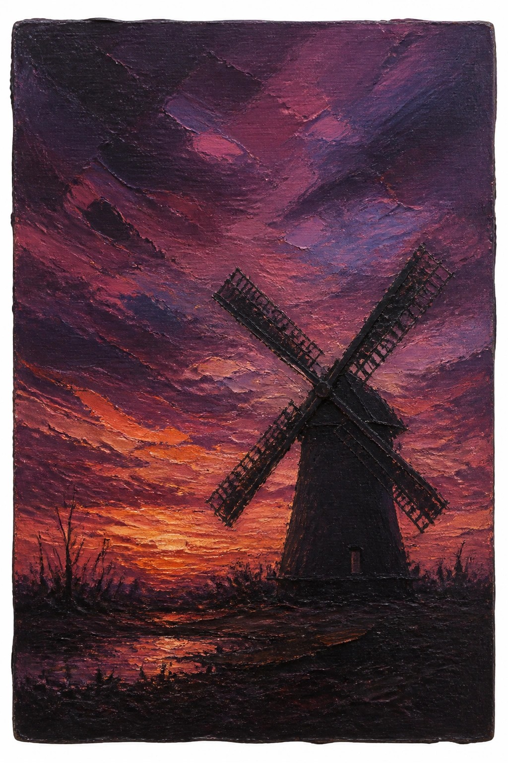 A moody oil painting of a black windmill against a dramatic purple and orange sunset sky with thick textured brushstrokes.