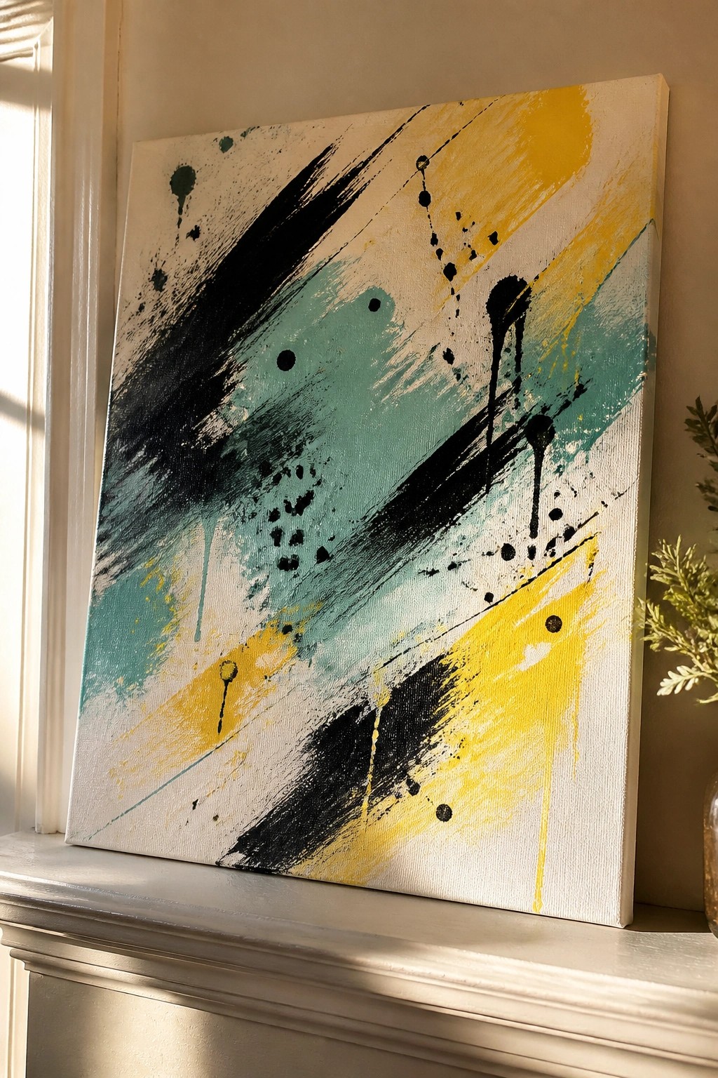 Abstract canvas with black, teal, and yellow brushstrokes on white mantel by window