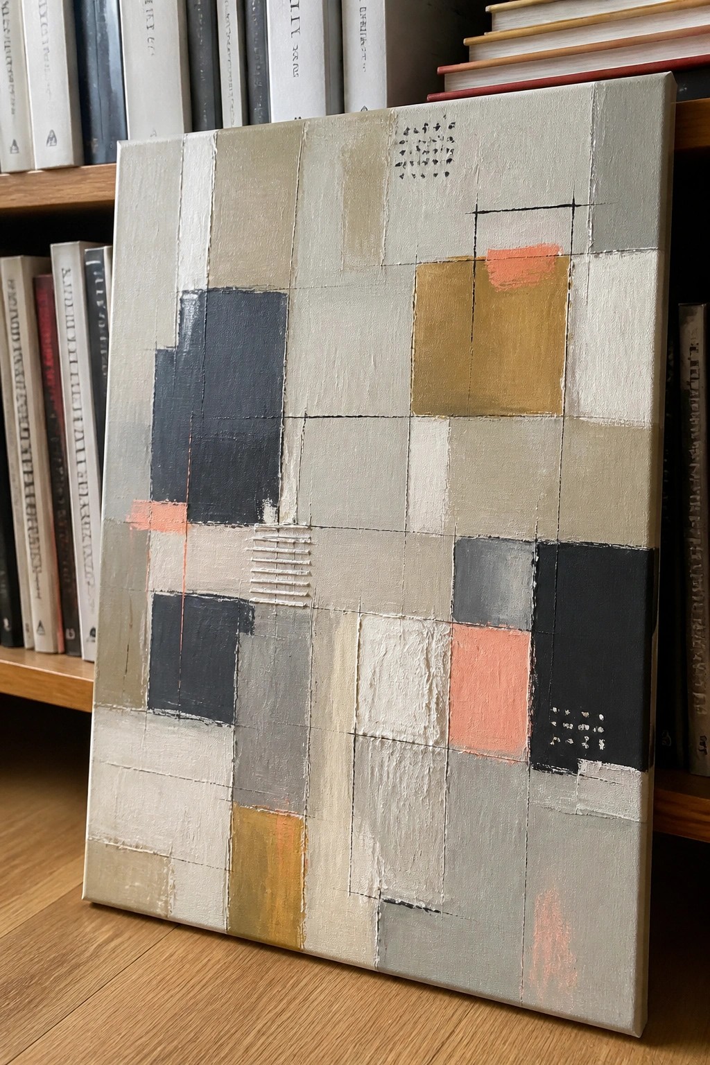 Abstract geometric painting with gray, black, orange, and yellow shapes against bookshelves.