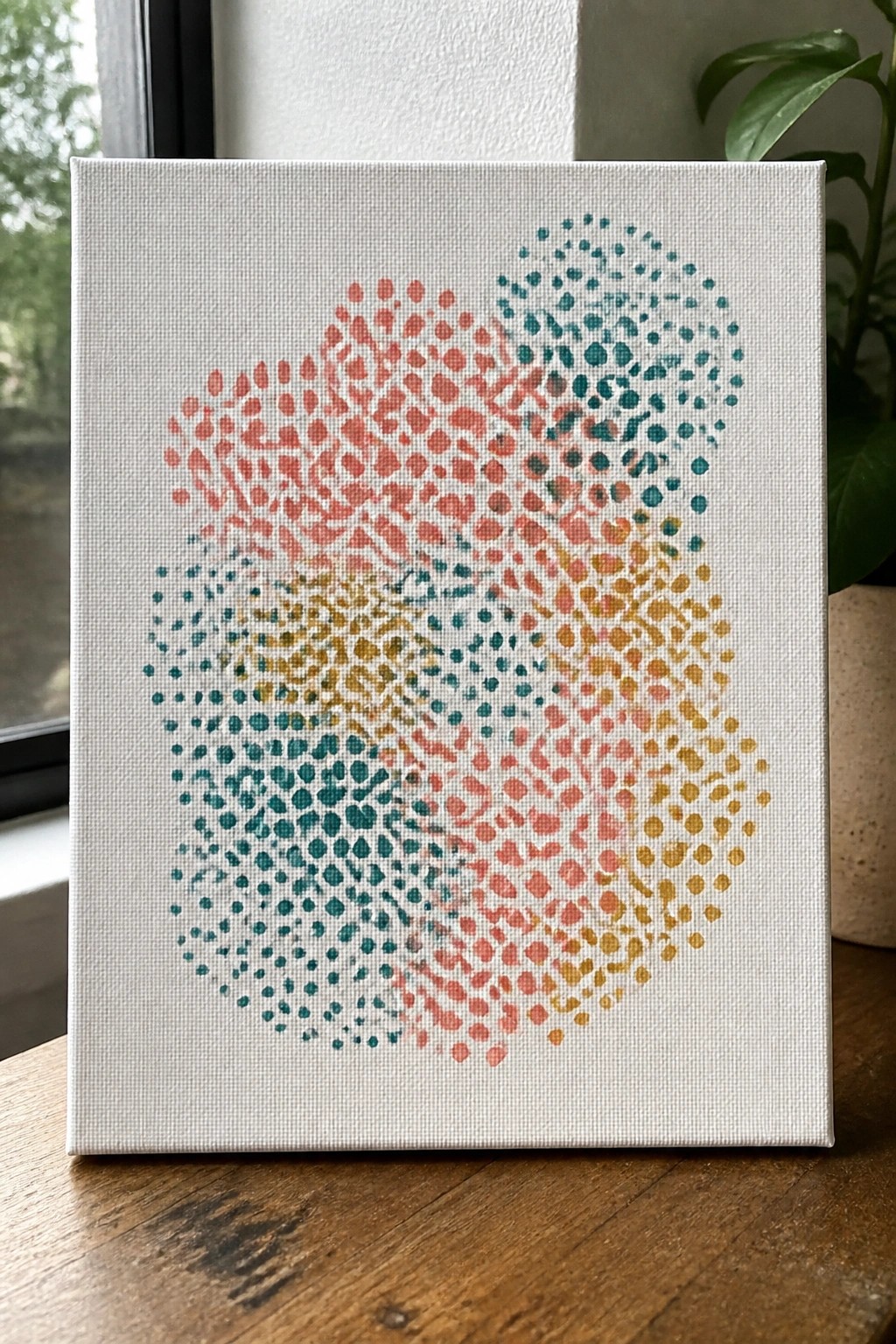 Abstract canvas with overlapping circles of red, teal, and yellow dots on wood