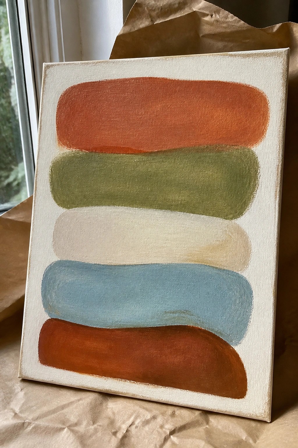 Abstract canvas with stacked rounded shapes in orange, green, beige, blue, and brown.
