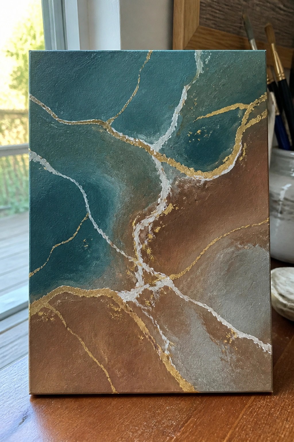 Abstract teal brown gray canvas painting with flowing gold and white lines on wood