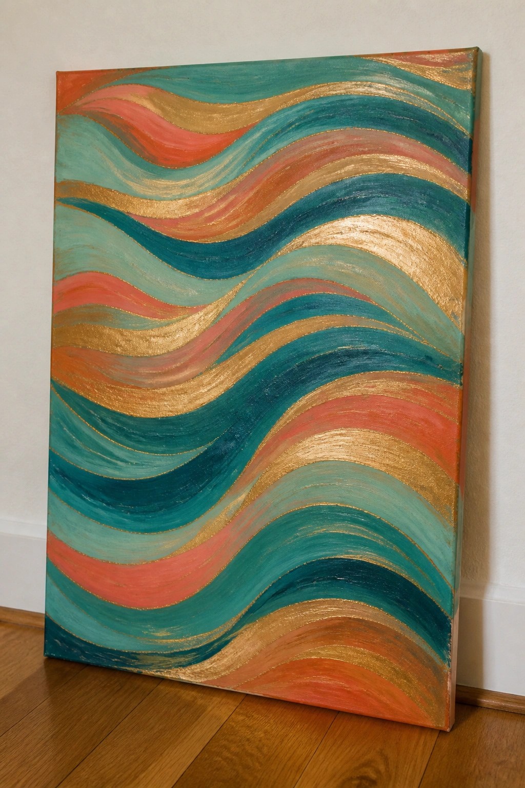 Abstract canvas with flowing teal coral orange and gold wavy stripes on wooden floor