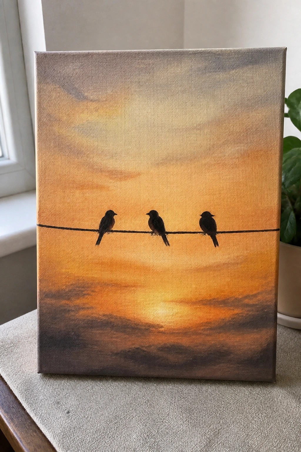 An oil painting on canvas showing an orange and yellow sunrise sky with three dark birds perched on a thin horizontal wire.