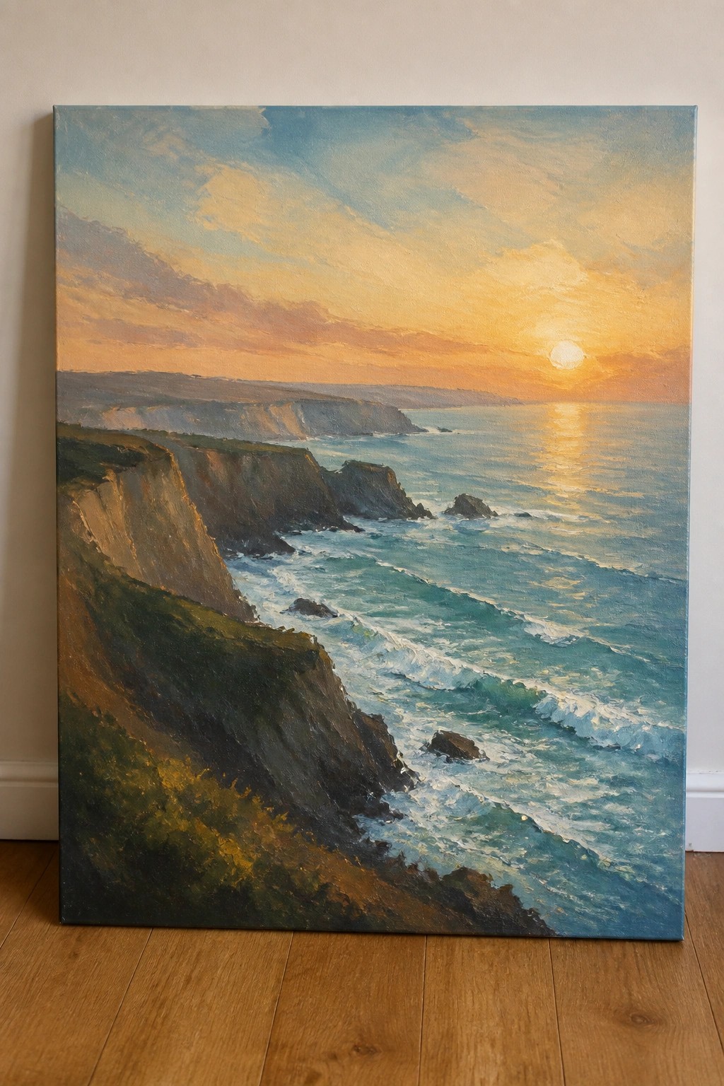 Oil painting of sunset over ocean with rocky cliffs and crashing waves