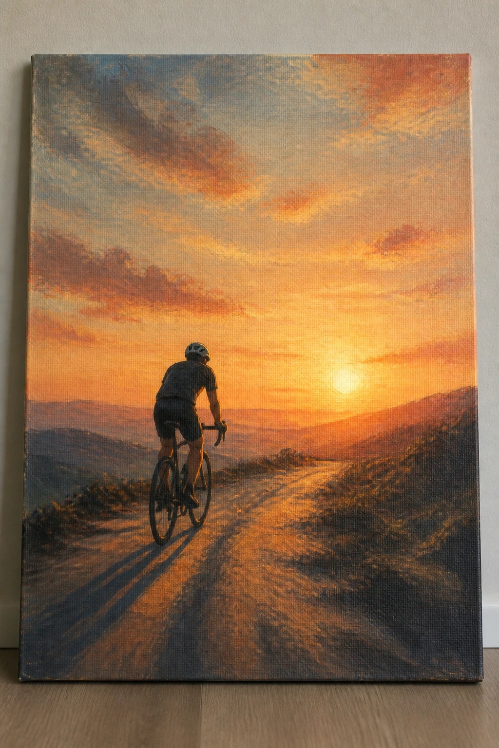 Helmeted cyclist pedals along winding road under vibrant orange sunset sky